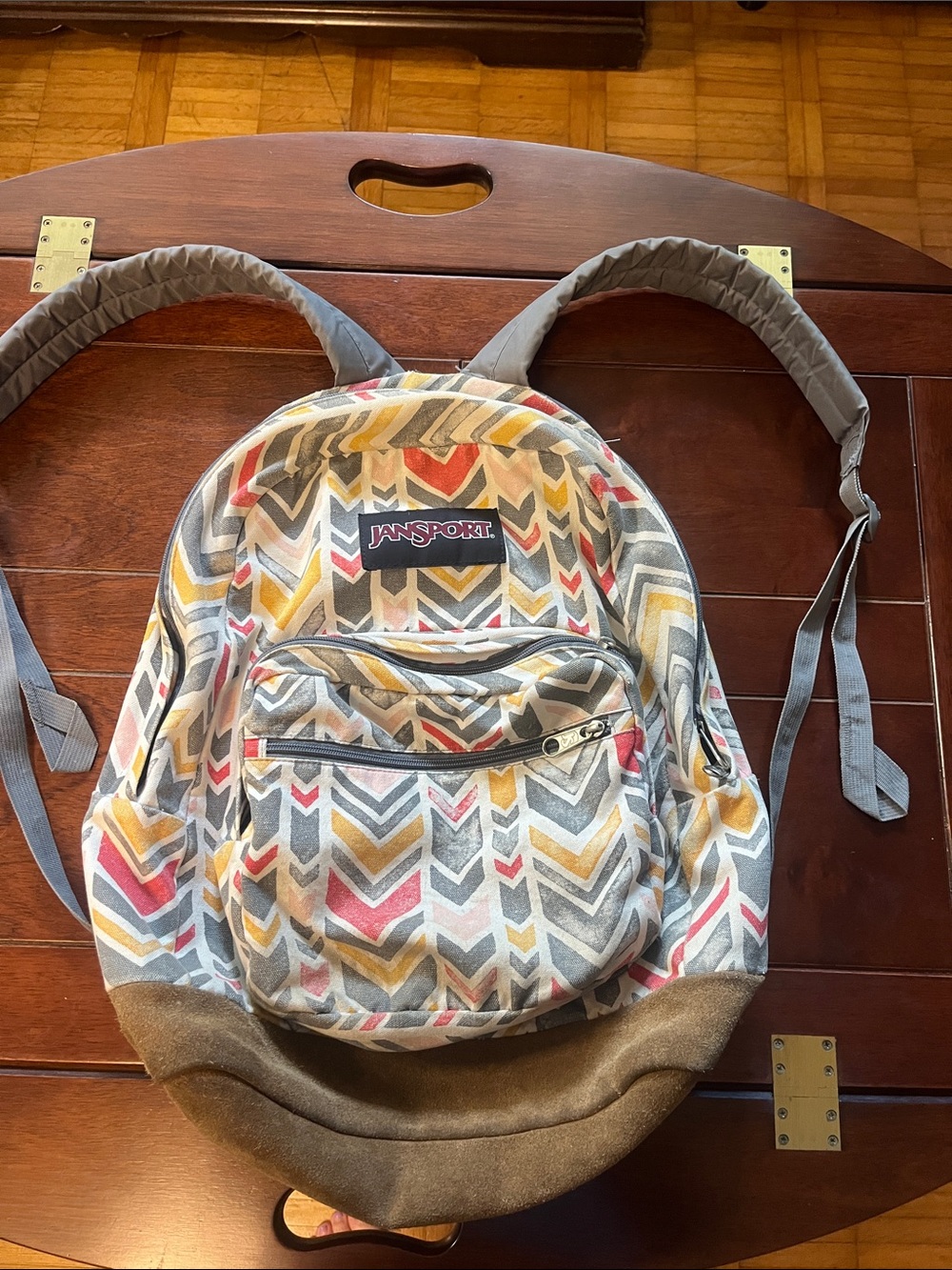 Jansport Chevron Print Backpack in Gray, Yellow & Pink